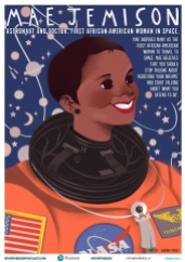 Mae C. Jemison is an American engineer, physician and NASA astronaut. She became the first African American woman to travel in space when she went into orbit aboard the Space Shuttle Endeavour on September 12, 1992. Artist: Karina Perez.
